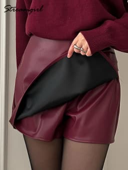 Women PU Mini Skirts With Shorts Black Asymmetric Skort For Women Irregular Short Skirts Spring Faux Leather Skorts Brown Ladies