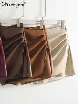 Women PU Mini Skirts With Shorts Black Asymmetric Skort For Women Irregular Short Skirts Spring Faux Leather Skorts Brown Ladies