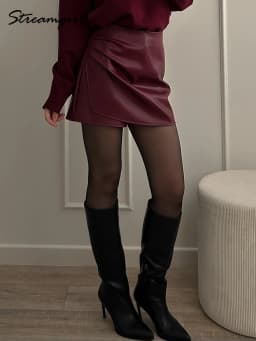 Women PU Mini Skirts With Shorts Black Asymmetric Skort For Women Irregular Short Skirts Spring Faux Leather Skorts Brown Ladies