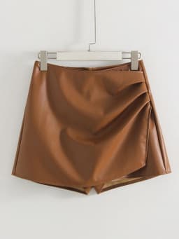 Women PU Mini Skirts With Shorts Black Asymmetric Skort For Women Irregular Short Skirts Spring Faux Leather Skorts Brown Ladies