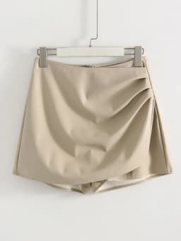 Women PU Mini Skirts With Shorts Black Asymmetric Skort For Women Irregular Short Skirts Spring Faux Leather Skorts Brown Ladies