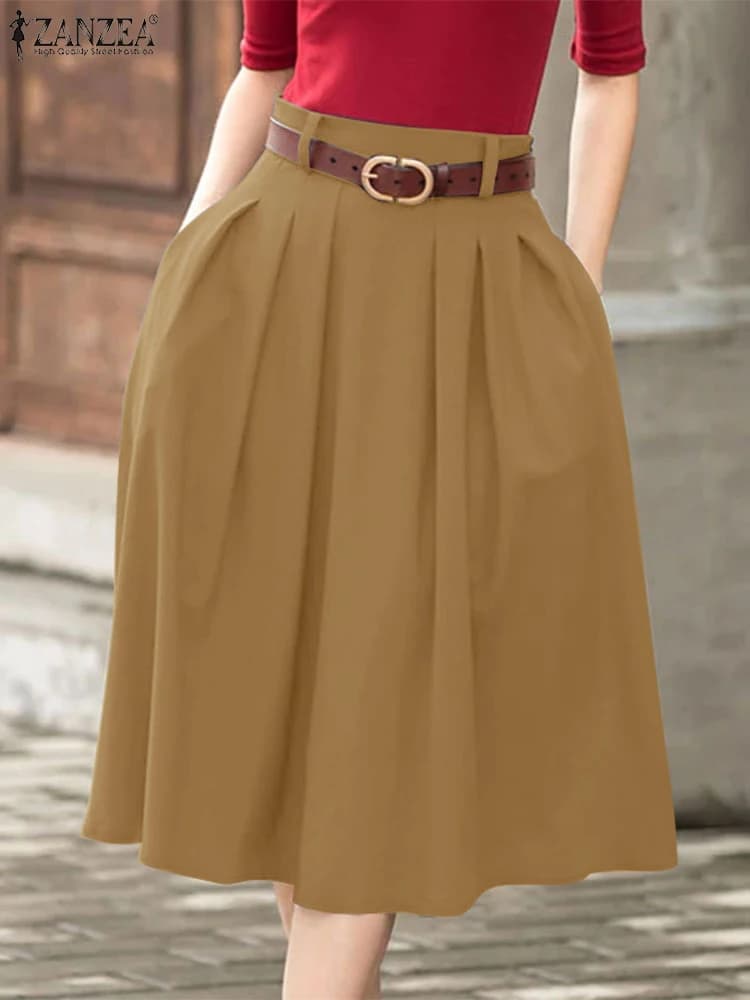 ZANZEA Summer Solid Midi Skirt Elegant Women High Waist Work OL Skirts Fashion A-line Jupes Stylish Party Faldas Saia Plus Size