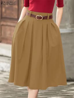 ZANZEA Summer Solid Midi Skirt Elegant Women High Waist Work OL Skirts Fashion A-line Jupes Stylish Party Faldas Saia Plus Size