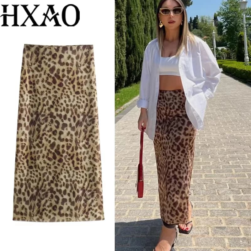 HXAO Tulle Leopard Skirts For Women Vintage Summer Long Skirt Woman Print Elegant Women's Skirts High Waist Sexy Skirts 088