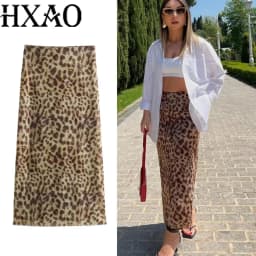 HXAO Tulle Leopard Skirts For Women Vintage Summer Long Skirt Woman Print Elegant Women's Skirts High Waist Sexy Skirts 088