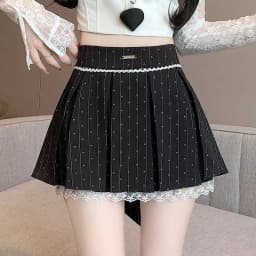 2026 New Gray Pleated Y2k Mini Skirt Women Summer Lace Patchwork Bow Fashion Skirt Lolita Style Striped Dot Print Cute Skirt