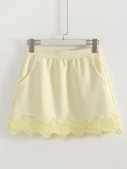 Streamgirl Lace Mini Skirts Women Elegant Brown A Line Skirt With Pockets Stretch Waist Short Yellow Skirt Mini Lace For Women