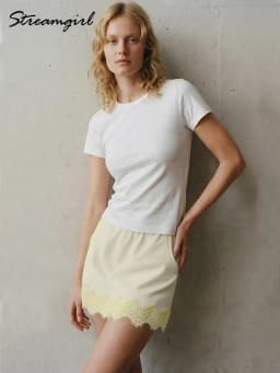 Streamgirl Lace Mini Skirts Women Elegant Brown A Line Skirt With Pockets Stretch Waist Short Yellow Skirt Mini Lace For Women