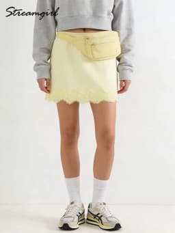 Streamgirl Lace Mini Skirts Women Elegant Brown A Line Skirt With Pockets Stretch Waist Short Yellow Skirt Mini Lace For Women