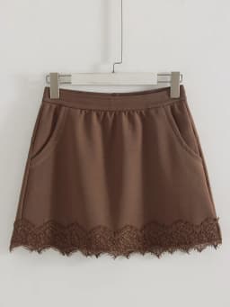 Streamgirl Lace Mini Skirts Women Elegant Brown A Line Skirt With Pockets Stretch Waist Short Yellow Skirt Mini Lace For Women