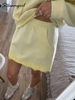 Streamgirl Lace Mini Skirts Women Elegant Brown A Line Skirt With Pockets Stretch Waist Short Yellow Skirt Mini Lace For Women