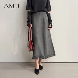 Amii Women's Skirt 2026 Winter New Knitting Striped Tassel A-Line Skirts For Women Versatile Loose Clothing Ladies 12544168