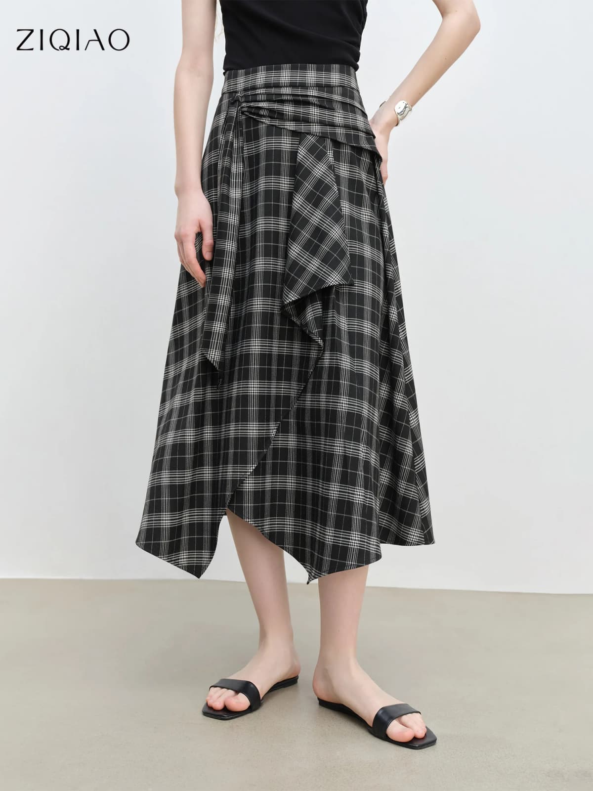 ZIQIAO 2025 Summer Petite Artistic Check Skirt - High-Waisted Asymmetric Hem & A-Line Silhouette for Retro Chic 25ZQ92390