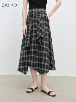 ZIQIAO 2025 Summer Petite Artistic Check Skirt - High-Waisted Asymmetric Hem & A-Line Silhouette for Retro Chic 25ZQ92390