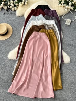 SINGREINY Senior Solid Satin Skirt Elastic Waist 2025 Newest Frence Elegant Women Fashion Basics Office Lady Skinny Midi Skirt