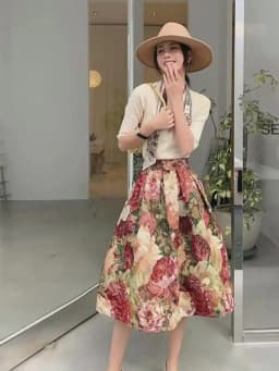 Women's Vintage Oil Painting Floral Skirt Korean Fashion High Waist Pockets Jacquard Thickened Skirts S-XXXL 2024 Spring K219