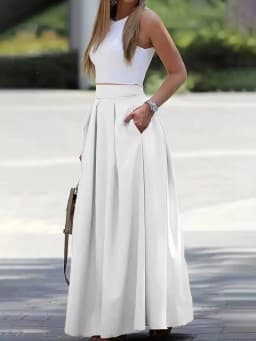 Bohemian Women Satin Silk Long Skirts Cotton Solid Elegant Loose Sundress Femme Elastic Waist Oversized Casual Dresses ONSJ