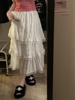womens 2024 Fashion Korean Women New White Black Long Crochet Lace Skirt Summer High Elastic Waist Low Ruffle Pleated Skirts