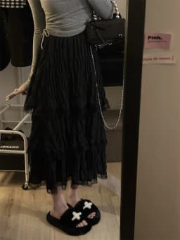womens 2024 Fashion Korean Women New White Black Long Crochet Lace Skirt Summer High Elastic Waist Low Ruffle Pleated Skirts
