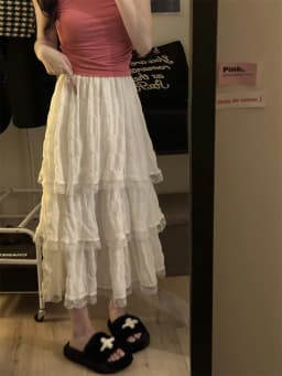 womens 2024 Fashion Korean Women New White Black Long Crochet Lace Skirt Summer High Elastic Waist Low Ruffle Pleated Skirts