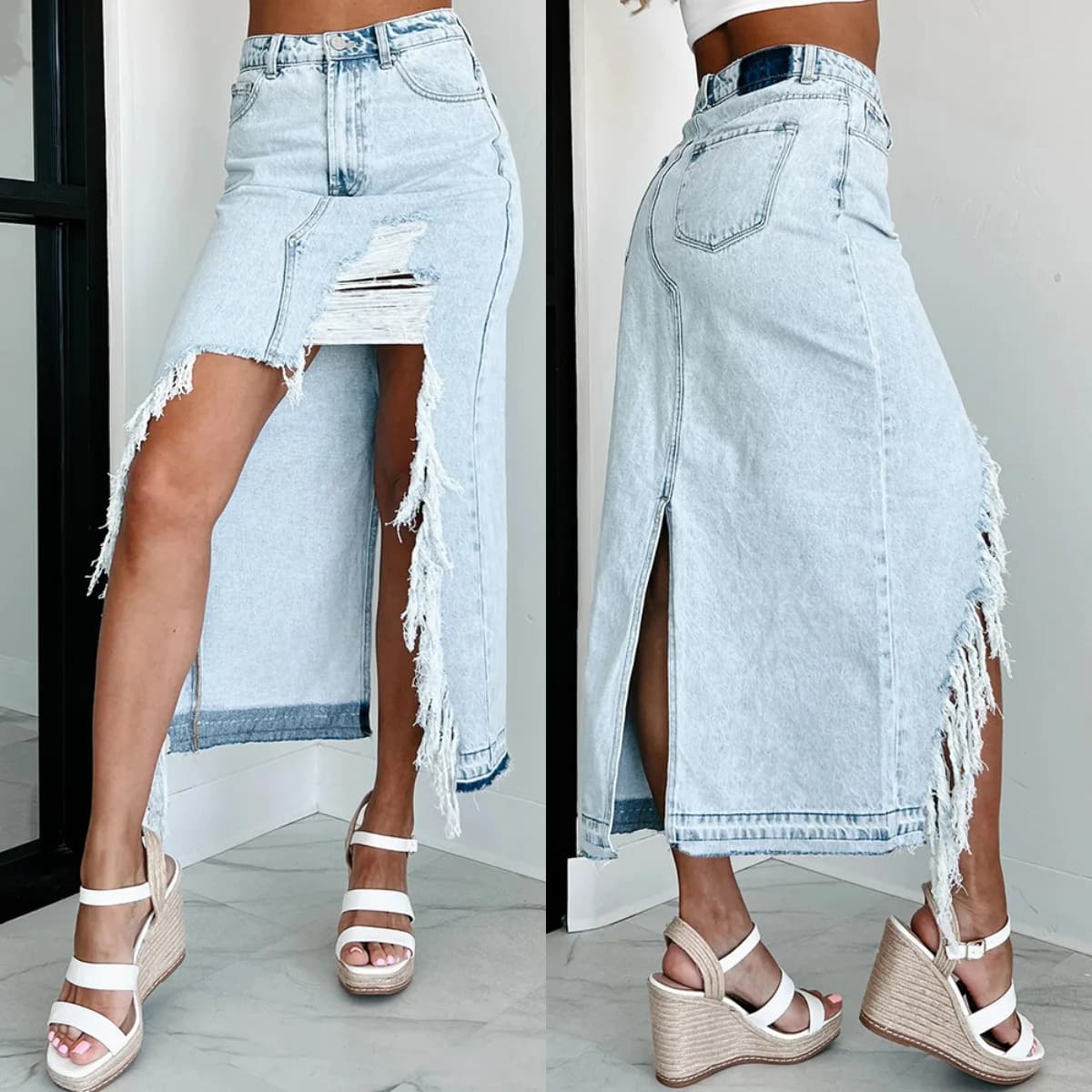 Distressed Ripped Denim Skirts Holes Skirt Solid Zipper Fly High Waist Vestidos Washed Slim Pockets Sexy Wrap Buttocks