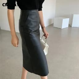CM.YAYA Women High Waist PU Leather Vintage Straight Split Skirt 2025 Winter Street Pockets Basic Club Party Long Midi Skirts