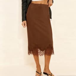 Maemukilabe Women Sexy Lace Satin Pencil Skirt Classic Elegant High Waist Silk Flowy Half Slip Underskirt Office Lady Midi Skirt