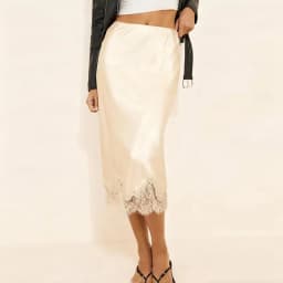 Maemukilabe Women Sexy Lace Satin Pencil Skirt Classic Elegant High Waist Silk Flowy Half Slip Underskirt Office Lady Midi Skirt
