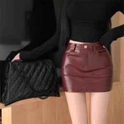 2026 New Sexy Red Pu Leather Skirt Women's High Waist A-shaped Skirt