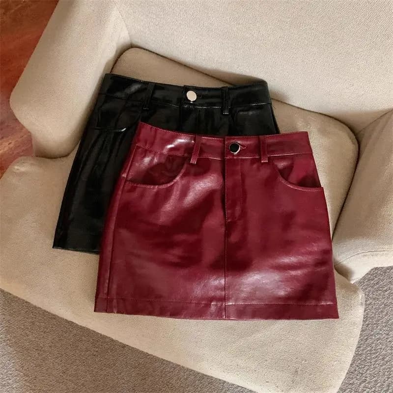 2026 New Sexy Red Pu Leather Skirt Women's High Waist A-shaped Skirt