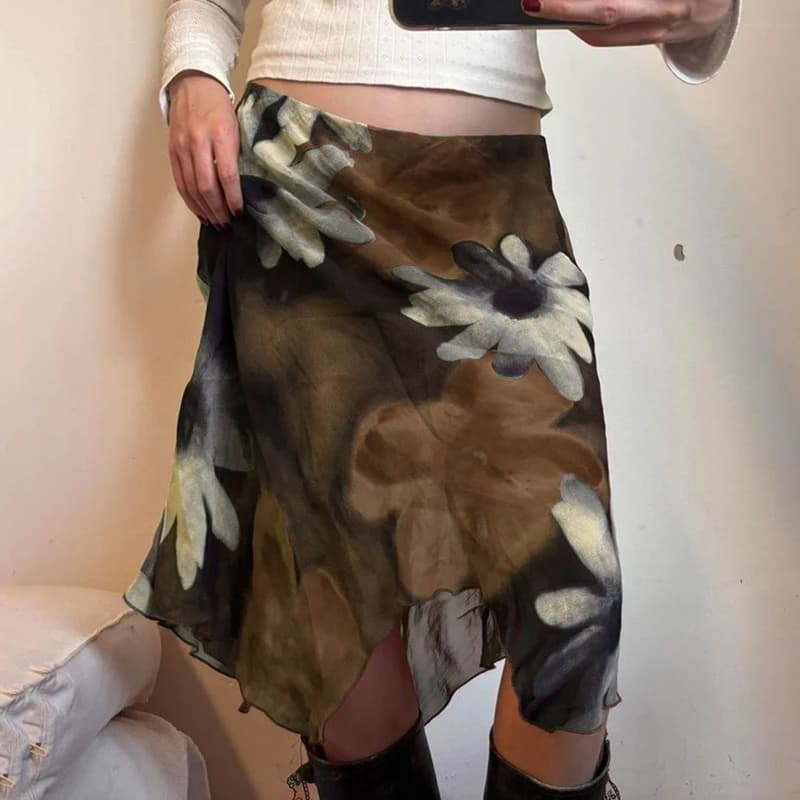 MEXZT Vintage Floral Midi Skirt Women Y2K Harajuku Mesh Asymmetrical Skirts Summer Sexy Gyaru Grunge Design A Line Faldas New