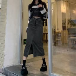 Lucyever Vintage Blue Front Slit Denim Skirt Women 2025 Spring Fashion High Waist Midi Skirts Female Casual Straight Long Skirt