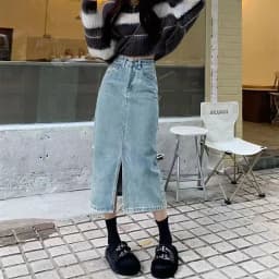 Lucyever Vintage Blue Front Slit Denim Skirt Women 2025 Spring Fashion High Waist Midi Skirts Female Casual Straight Long Skirt