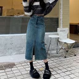 Lucyever Vintage Blue Front Slit Denim Skirt Women 2025 Spring Fashion High Waist Midi Skirts Female Casual Straight Long Skirt