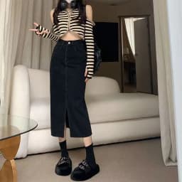 Lucyever Vintage Blue Front Slit Denim Skirt Women 2025 Spring Fashion High Waist Midi Skirts Female Casual Straight Long Skirt