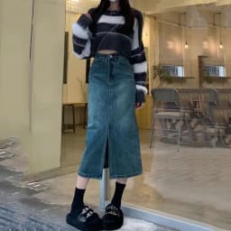 Lucyever Vintage Blue Front Slit Denim Skirt Women 2025 Spring Fashion High Waist Midi Skirts Female Casual Straight Long Skirt