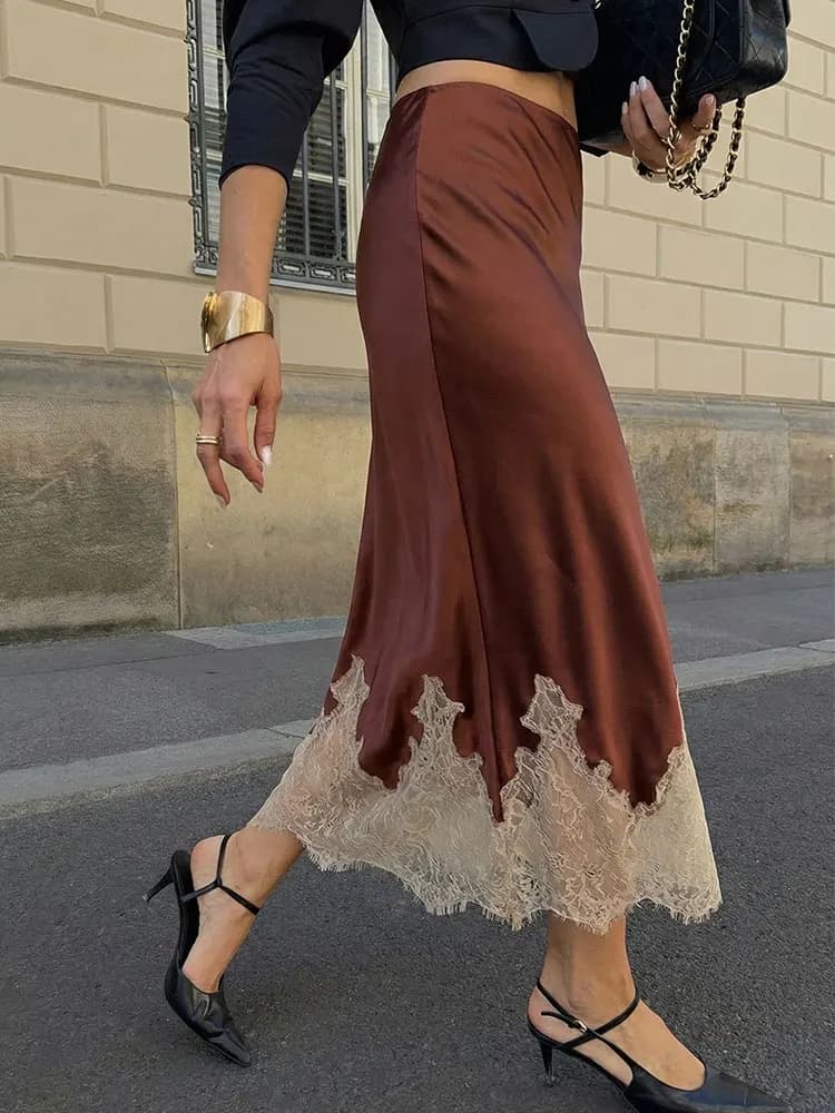 HH Women Elegant Fashion Patchwork Lace Hem Skirt Side Zipper High Waist Slim Midi Skirts 2026 Spring Summer Trend Lady Skirt