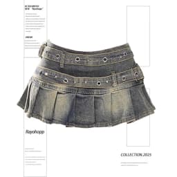 Women's Blue Black Riveted Belt Denim Skirt Y2K Harajuku High Street Fashion 90s Sexy A-line Mini Skirt Summer Clothing 2025 New