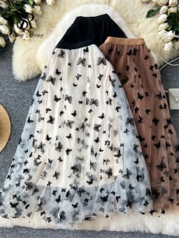 SINGREINY 2024 High Qulaity Embroidery Long Skirt Ladies Elastic Waist Butterfly Print Streetwear A Line Loose Mesh Party Skirt