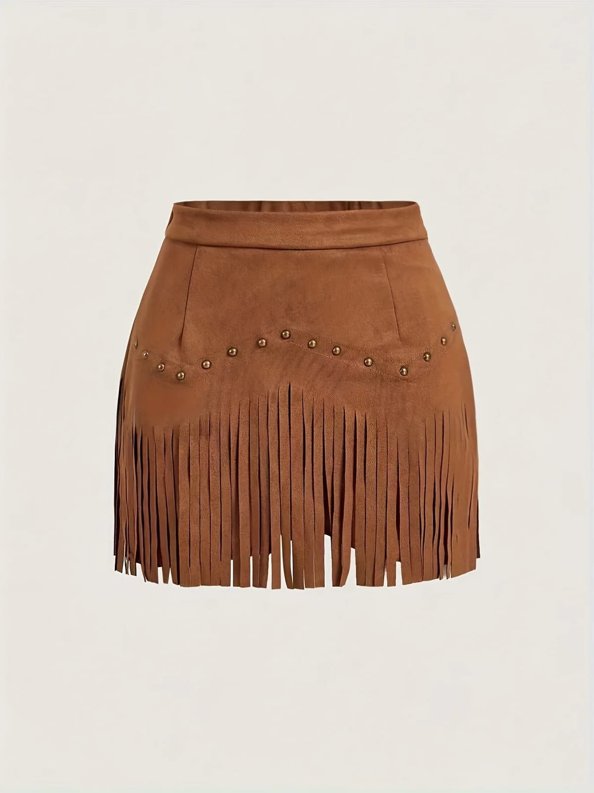 Women's Solid Color Suede Fringe Mini Skirt High Waist Studded Tassel Short Skirt Retro Casual Skirt For Daily Wear & Dating