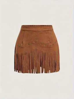 Women's Solid Color Suede Fringe Mini Skirt High Waist Studded Tassel Short Skirt Retro Casual Skirt For Daily Wear & Dating