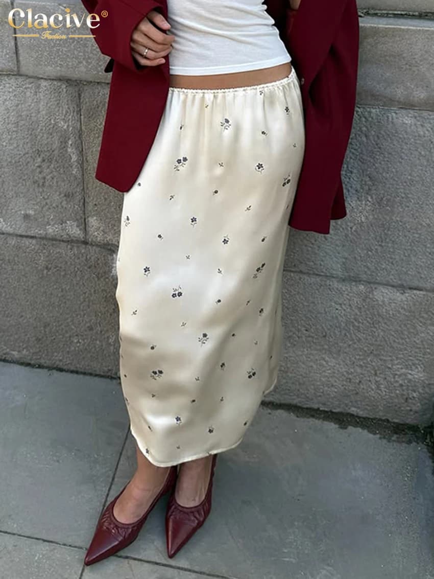 Clacive Casual Loose Print Skirt For Women 2025 Fashion High Waist Long Skirt Ladies Elegant Classic Skirt Female Clothing