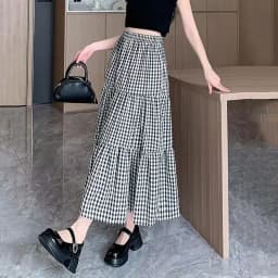 Summer Black White Plaid Skirts Women Korean Temperament Fashion Long Skirt Ladies Casual High Waist Fold Student A-Line Skirts