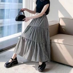 Summer Black White Plaid Skirts Women Korean Temperament Fashion Long Skirt Ladies Casual High Waist Fold Student A-Line Skirts