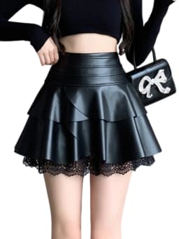 Fashionable Cake Skirt PU Leather Half-length Women's Autumn Winter New Korean High Waist Slimming Lace A-line Skirt