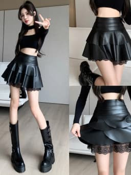 Fashionable Cake Skirt PU Leather Half-length Women's Autumn Winter New Korean High Waist Slimming Lace A-line Skirt
