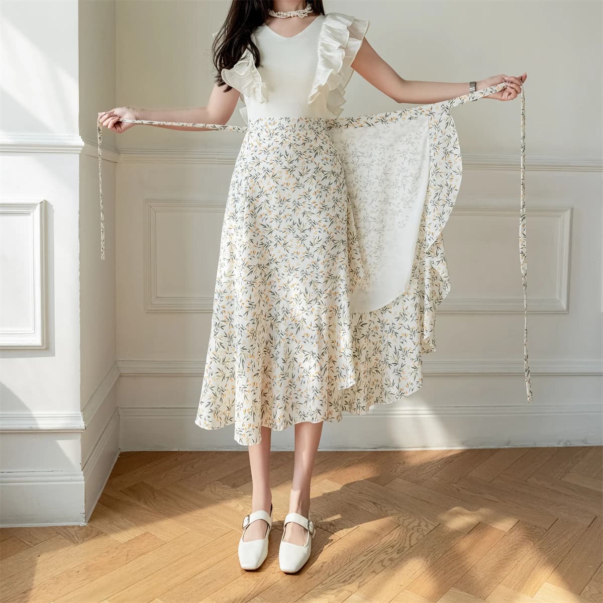 High Waist A-Line Floral Print Chiffon Halter Neck Dress Women's Summer New Style Belted Wrap Skirt Casual Polyester Fiber