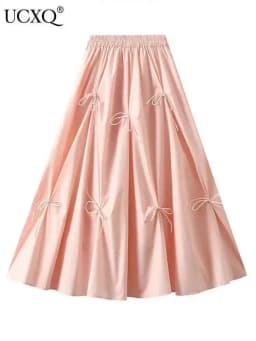 UCXQ Elegant Fashion Skirt Fairy Style All Match Patchwork Bow High Waist Vintage Umbrella Skirt Women 2025 Spring Summer 3A9515
