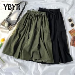 Harajuku Cargo Skirt Women Loose A-line Pocket Solid Midi Long Green Black Skirt Fashion Korean Hip Hop High Waist Streetwear