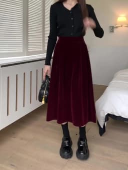 Autumn Winter Warm Vintage Red Elegant Velvet A-line Skirt For Women 2024 High Waist Casual Black Party Pleated Big Swing Skirts